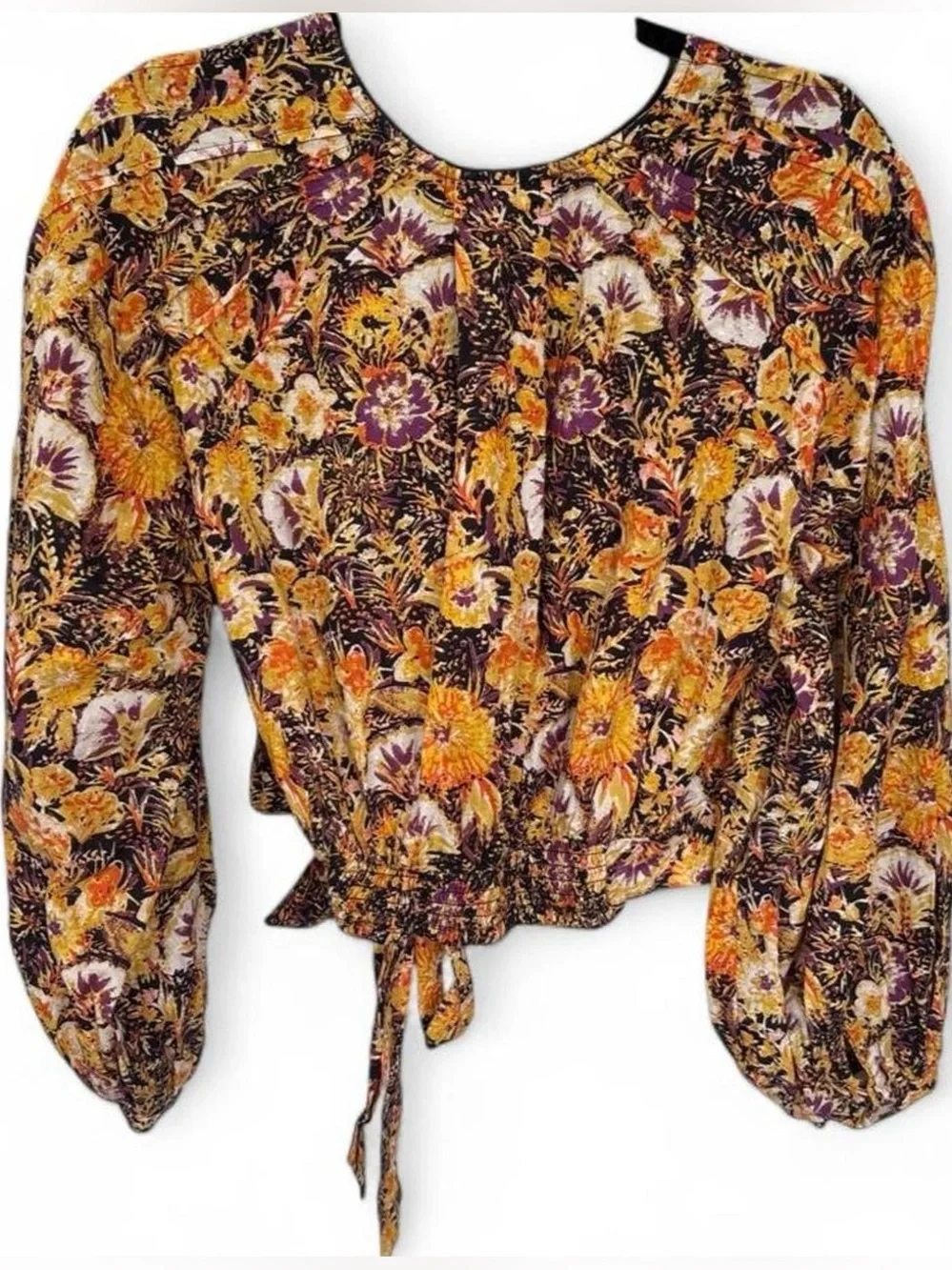 Free People Floral Tie-Front Blouse in Mustard and Purple